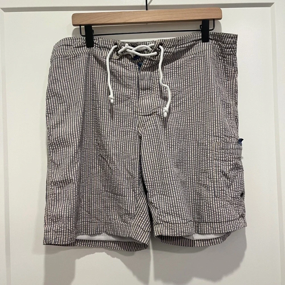 J. Crew Mens Seersucker Striped Board Shorts Blue Tan Swim Trunks Size 33